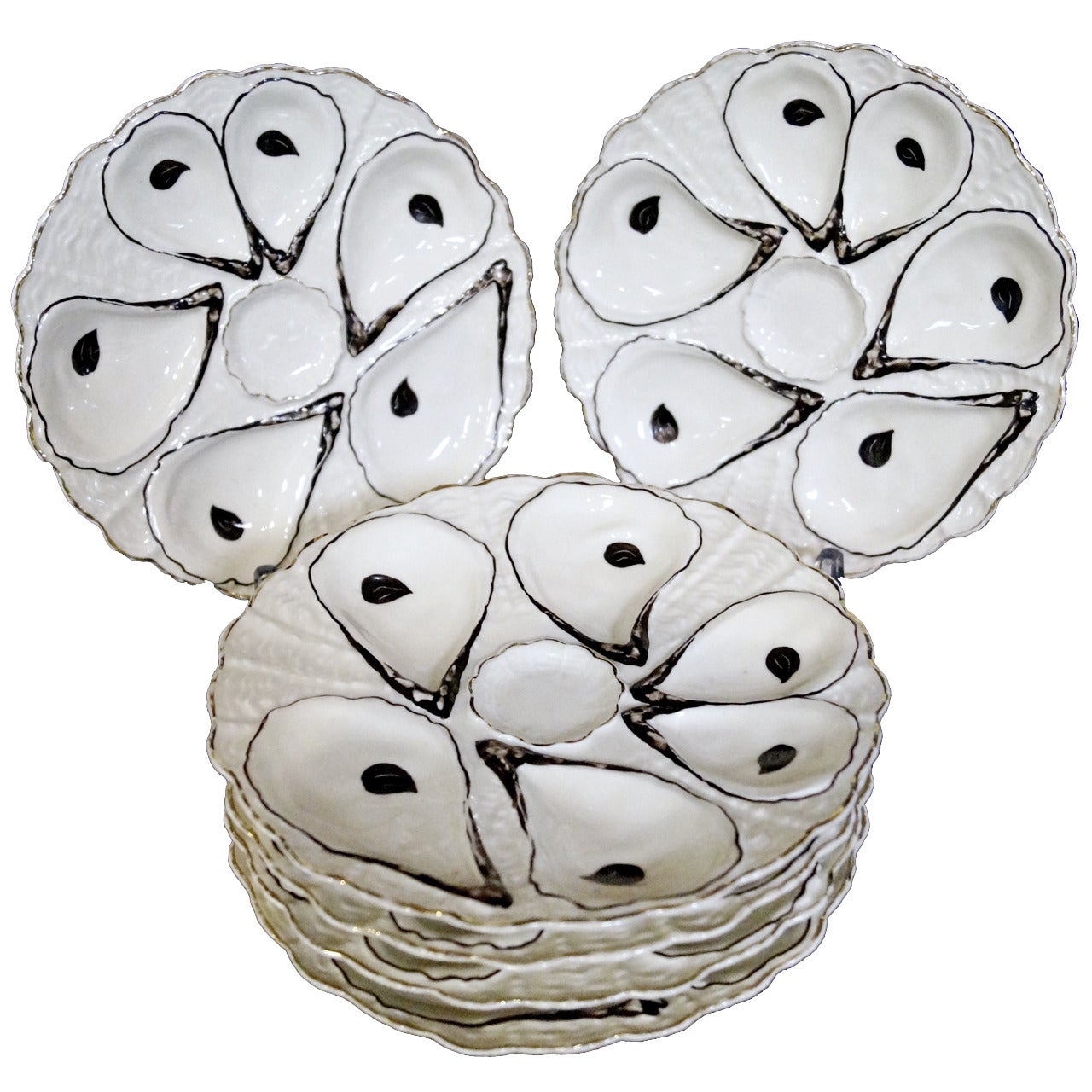 Two  French Art Deco Black and White Porcelain Oyster Plates