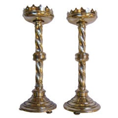 Spectacular Pair of English Neo-Gothic Brass Candlesticks