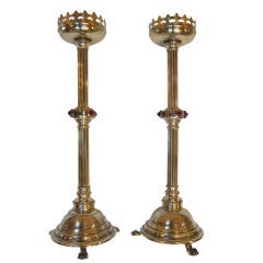 Magnificent Pair of Gothic Style English Brass Candlesticks