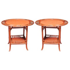Pair of Circular Bamboo  Side Tables W/Glass Tops