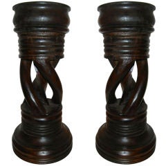 Large Pair of Dark Mahogany Wood Candle Holders