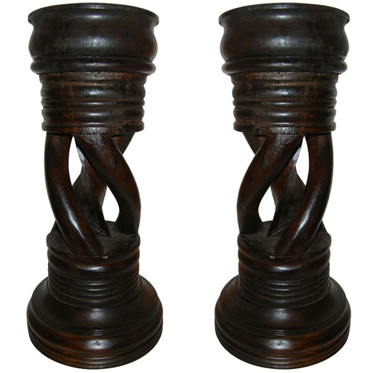 Large Pair of Dark Mahogany Wood Candle Holders