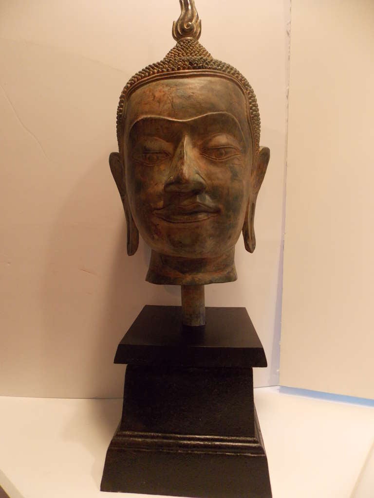 A 19th Century Burmese Bronze Buddha Head On Stand In Excellent Condition In Bellport, NY