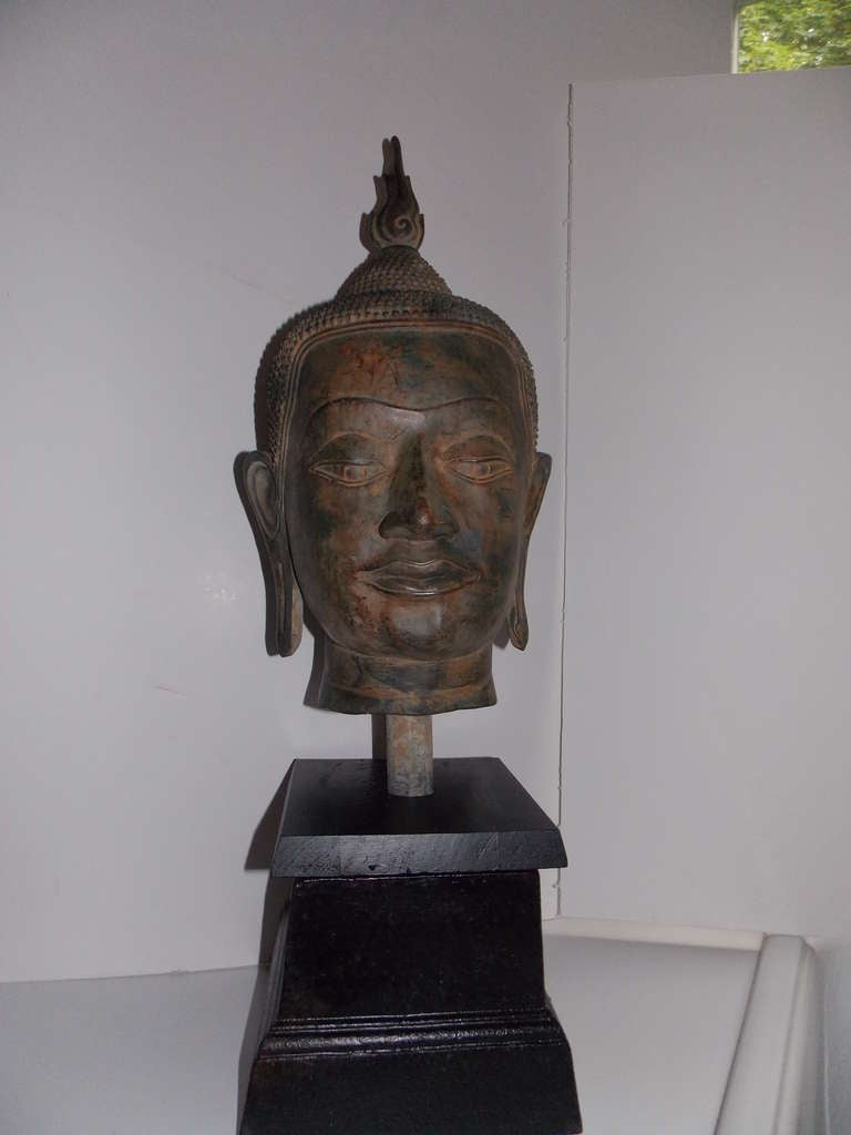 Anglo-Japanese A 19th Century Burmese Bronze Buddha Head On Stand