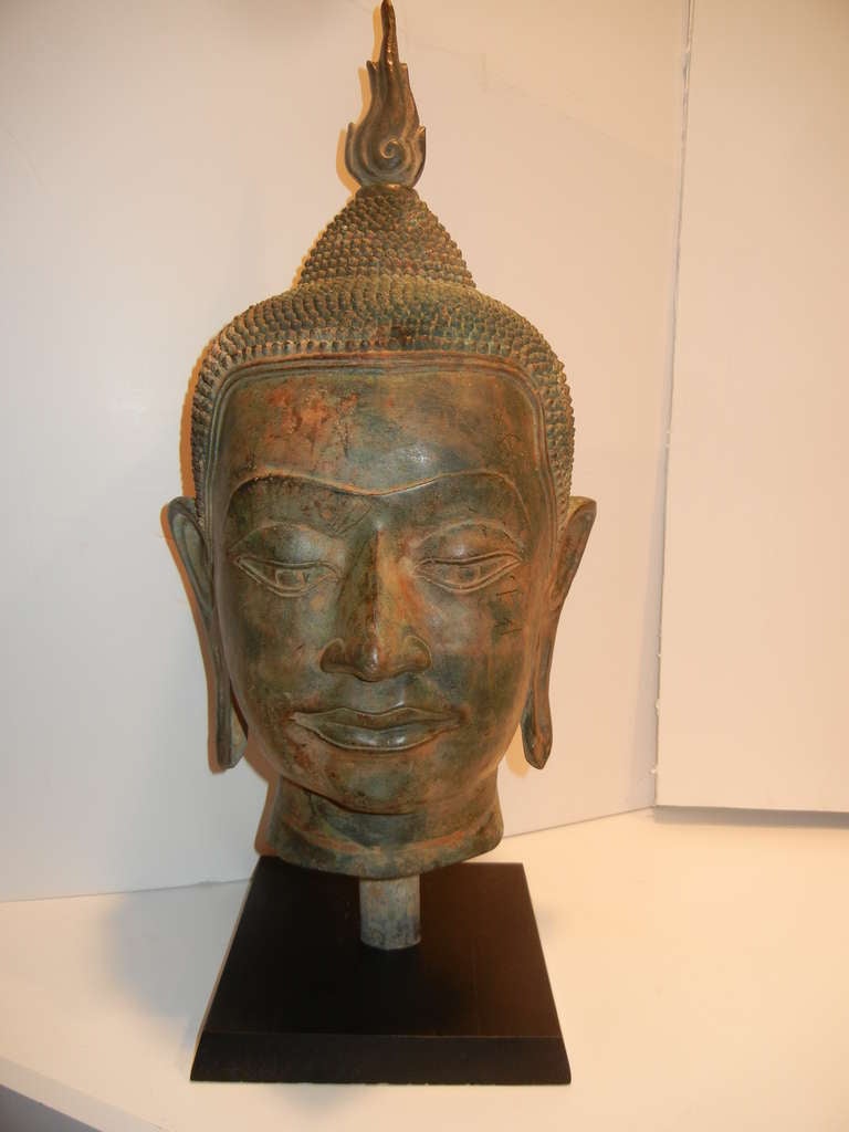 Thai A 19th Century Burmese Bronze Buddha Head On Stand