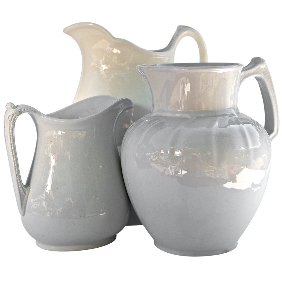 Three Large White Ironstone Vintage Pitchers