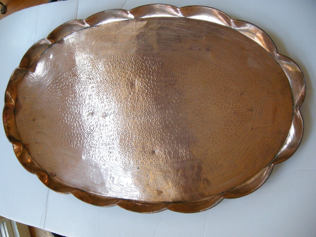 A Large Art Nouveau Hand Hammered Pie Shaped Copper Tray 5