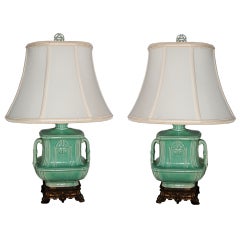 Antique Pair of  Diminutive Turquoise Glazed Ceramic Lamps