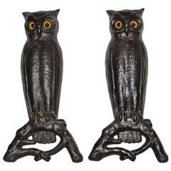 Pair of English Owl Form Cast Andirons