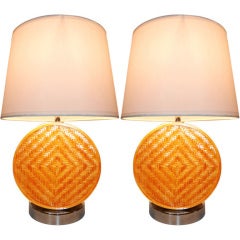 Pair of Danish Chrome and Rattan 1960s Lamps.
