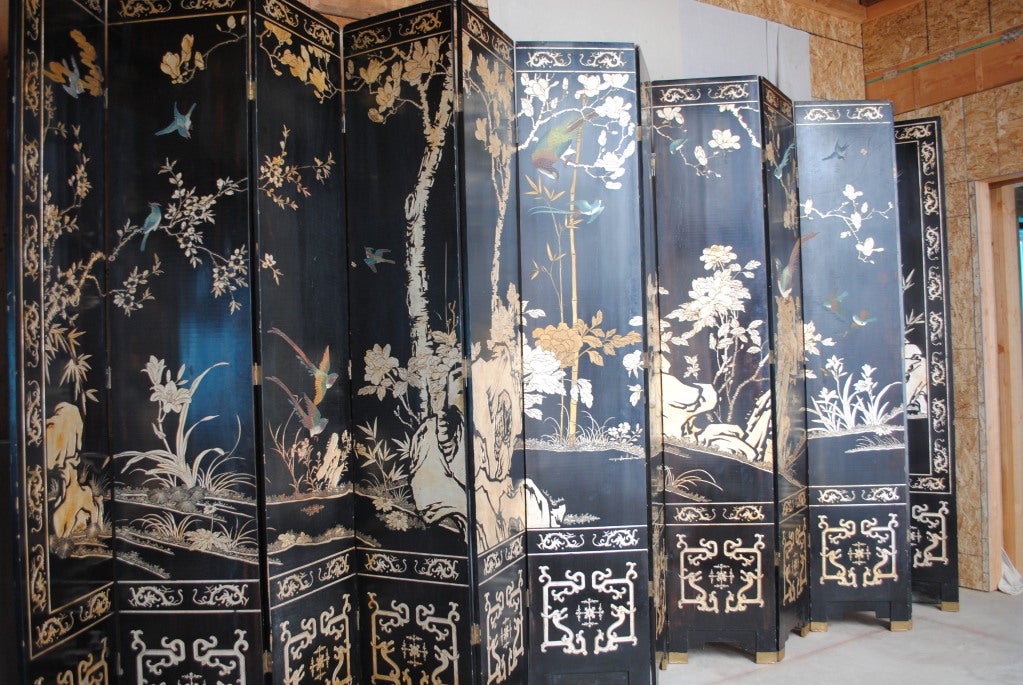Striking Early 19th century Manchurian 12 Panel Folding Screen.Hand carved polychrome Palace size Screen depicts flora and fauna motifs,with gold inlay and intricate stone/shell work.Note how lovely the birds details are (exquisite) Fine brass shoes