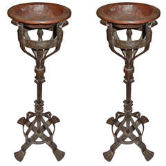 Antique Pair of Americana Arts & Crafts American Standing Ashtrays/Candle Holders.