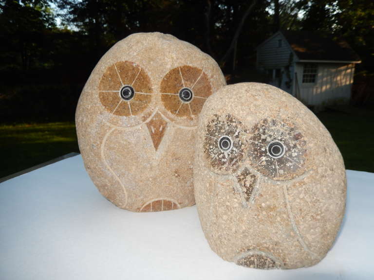 Pair of Mid-Century stone crafted garden owls; Mr. and Mrs. Owl. These garden decorations are very heavy and would also serve well as door stops, the eyes are of hard ceramic, the body is solid stone.
Mr. Owl measures H 9