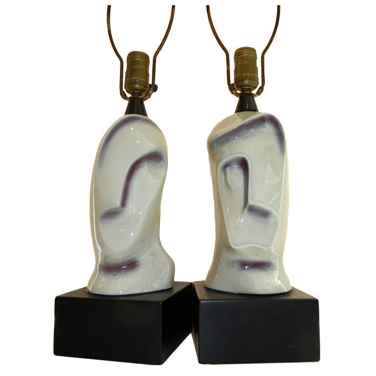Pair of Rare Picasso Style Handcrafted Ceramic Lamps, "His 
Hers"
