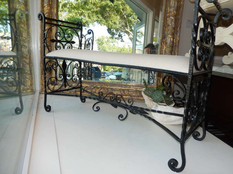 French Art Nouveau Hand-Forged Scrolled Iron Bench 1