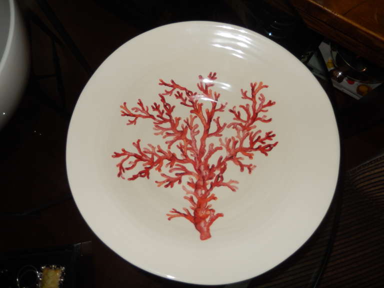 A large of white  ceramic bowl with hand painted coral in center.