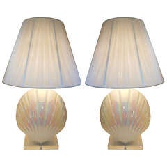 Rare Pair of Modern Opalescent, Shell Form Glass Lamps