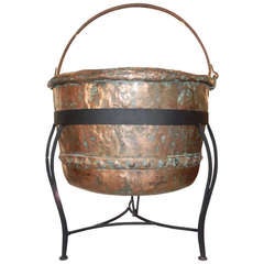 Antique A Huge Copper Caldron and Wrought Iron Stand