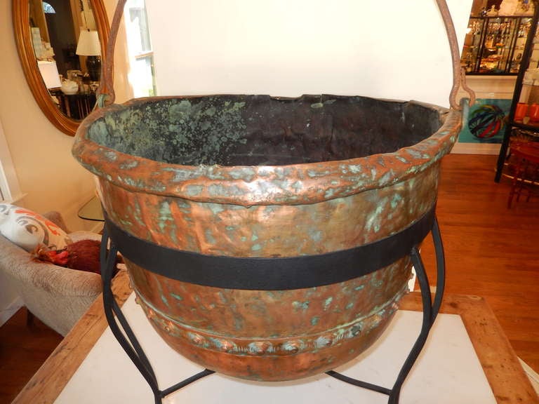 American A Huge Copper Caldron and Wrought Iron Stand