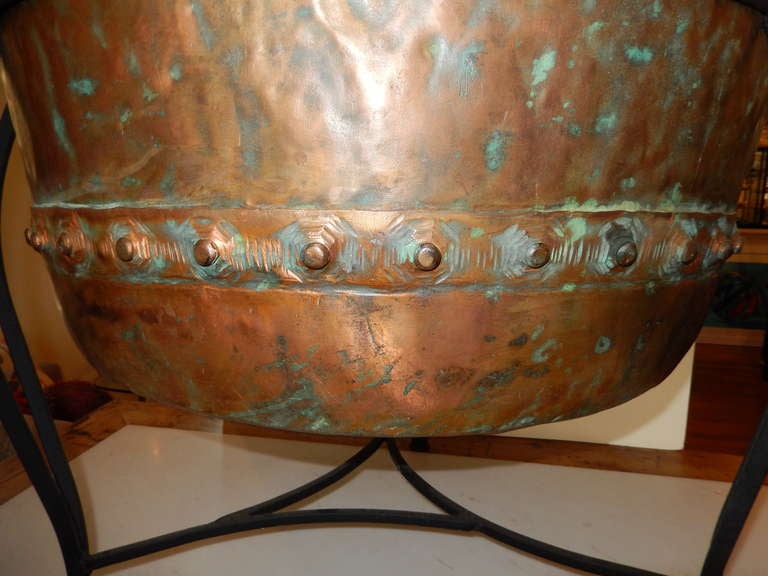 A Huge Copper Caldron and Wrought Iron Stand In Excellent Condition In Bellport, NY