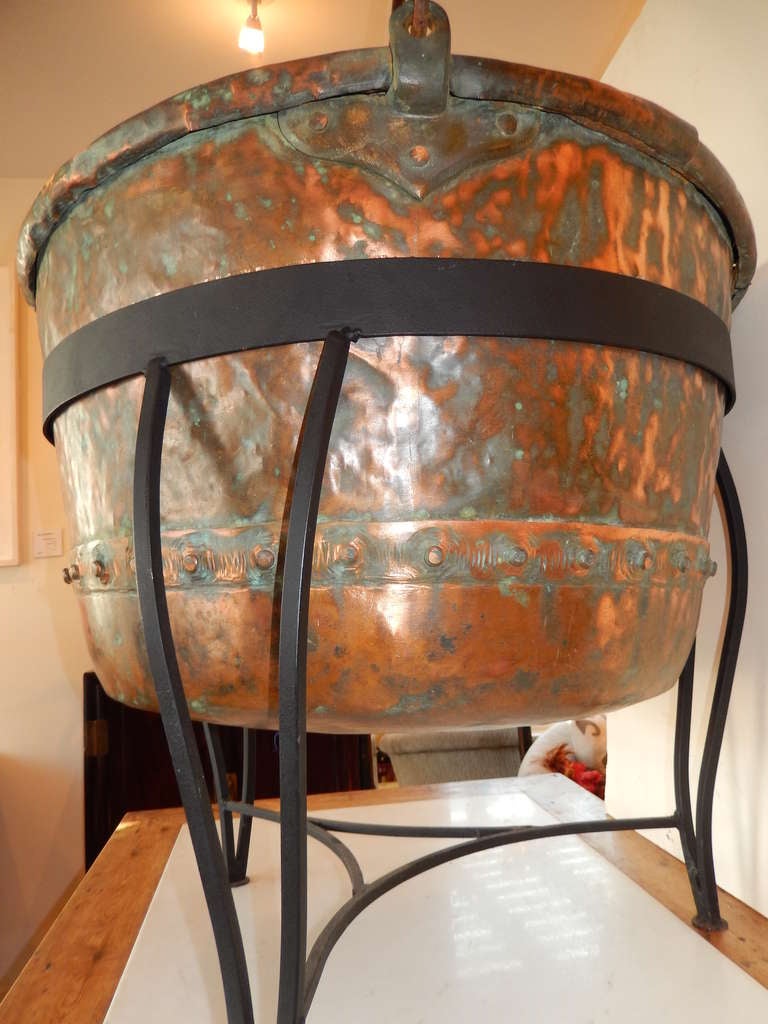 19th Century A Huge Copper Caldron and Wrought Iron Stand
