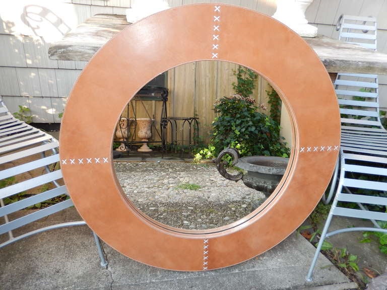 Modern A Large Tan Leather Circular Mirror