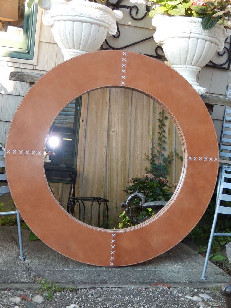 20th Century A Large Tan Leather Circular Mirror