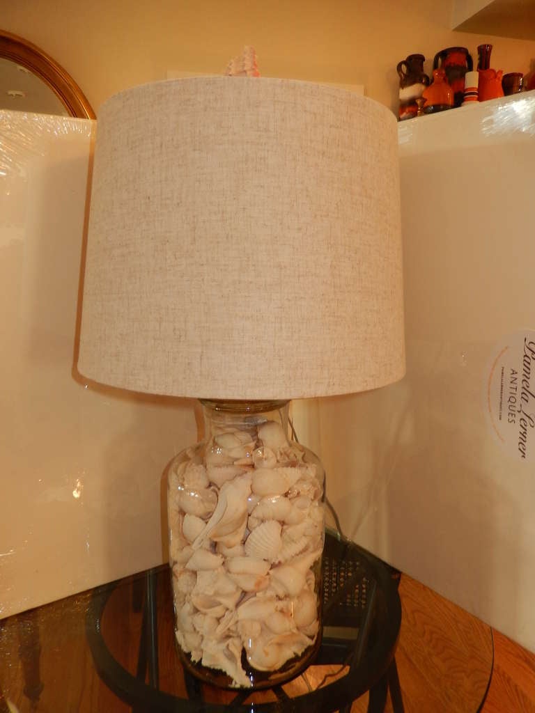 American A Large Glass & Natural Sea Shell Lamp