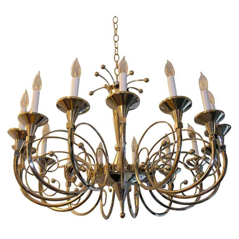 Grand French Moderne Nickel Chandelier