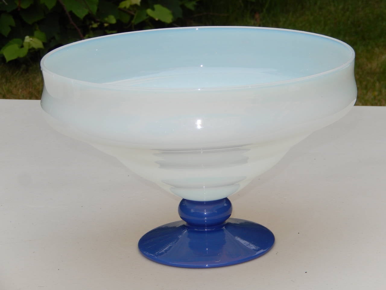 A lovely  Art Nouveau Venetian fluted glass bowl. Trancelucent birds egg blue, with a deep aqua blue stem.