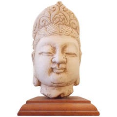 Carved Stone Buddha Head on Stand, circa 1930s