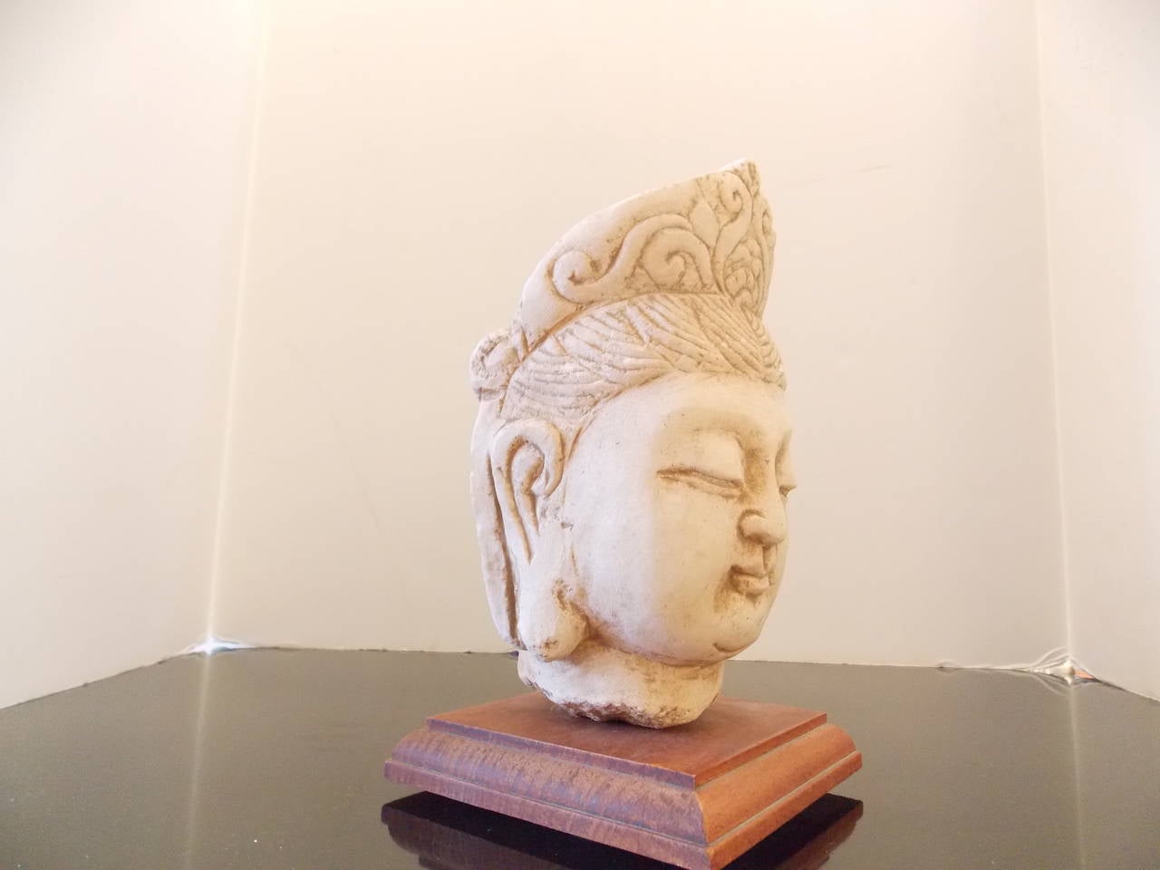 Carved Stone Buddha Head on Stand, circa 1930s