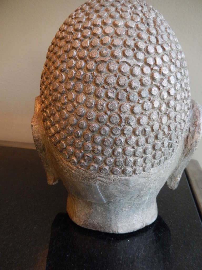 Late 19thc Indonesian Hand Carved Stone Buddha Head In Excellent Condition In Bellport, NY