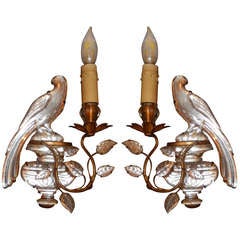 Pair, French Bronze and Crystal, Bagues Parrot Sconces.