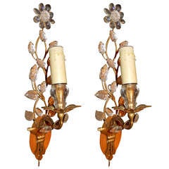 Pair of French Bronze and Crystal Bagues Wall Sconces