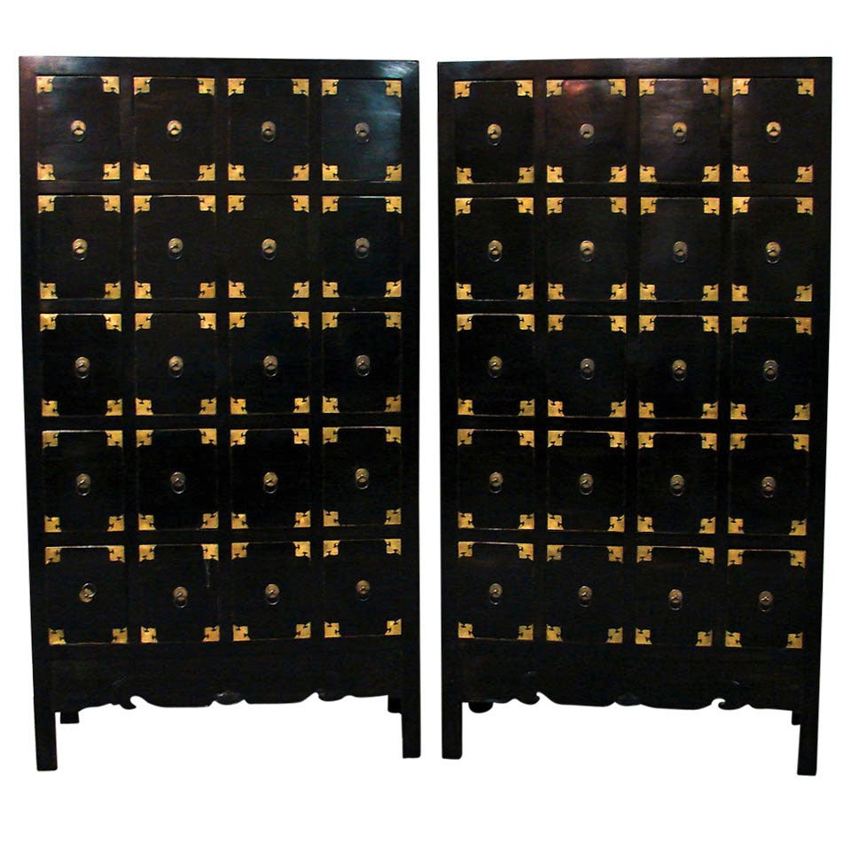Pair, Antique Chinese Black Lacquer Apothecary Chests