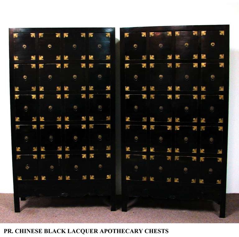 Pair, Antique Chinese Black Lacquer Apothecary Chests