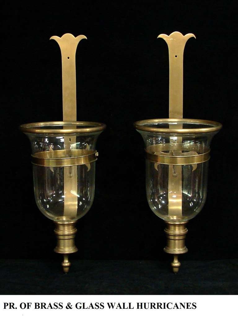 Pair of English hurricane wall mounts. Gothic in style, solid brass and fine crystal.