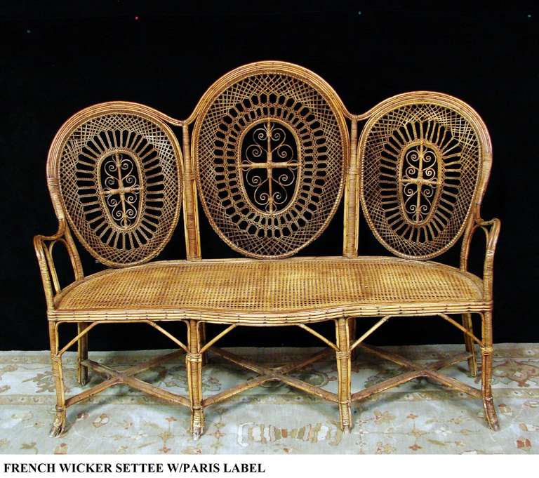A lovely late 19thc Art Nouveau wicker settee from France, still with the Paris label. Beautifully hand crafted back rests in an intricate pattern, slender shapely armrests, there are 8 legs.