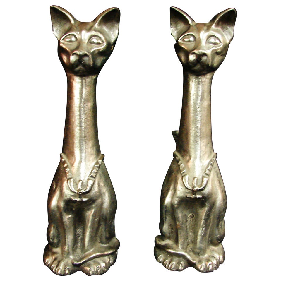 Pair of Art Deco Standing Cat Andirons For Sale