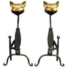 Pair of Art Deco Fox Head Figural Andirons