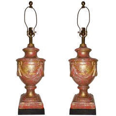 Pair of French Red Tole Lamps