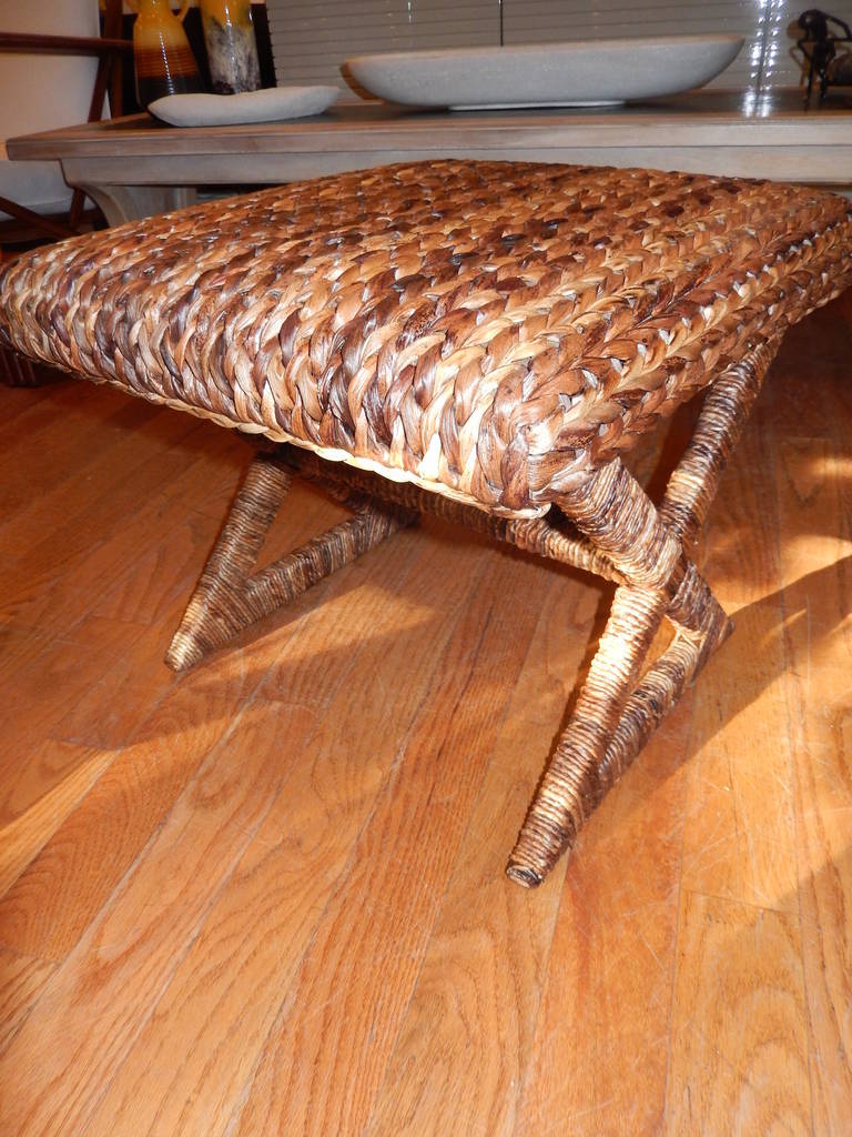 Pair of handcrafted plantation style Bermuda sea grass stools, in excellent condition. Would work well as small end tables and stools.