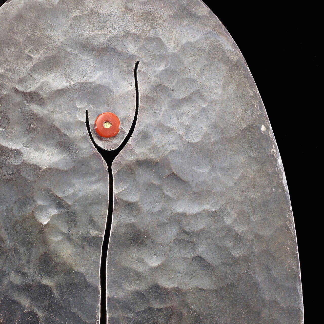 This hand-hammered silver pendant has 24K gold and coral details.  Bertoia gifted this unique large scale pendant to his friend and metals expert, Clarence Haack. It has remained in the family ever since. Sold with a title of authentication from