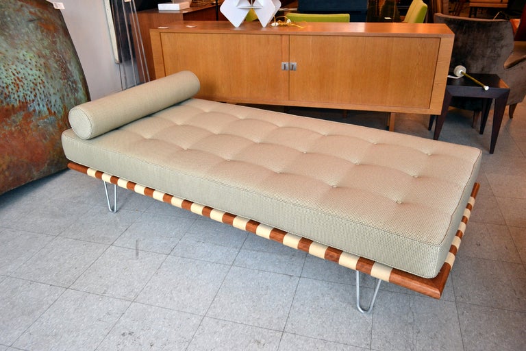 An exceptionally well designed daybed  by George Nelson for Herman Miller. The frame is of maple wood with canvas strapping and zinc hairpin legs. Reupholster with bolster pillow.