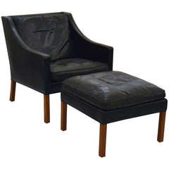Classic Black Leather "Coupe" Arm Chair and Ottoman by Borge Mogensen