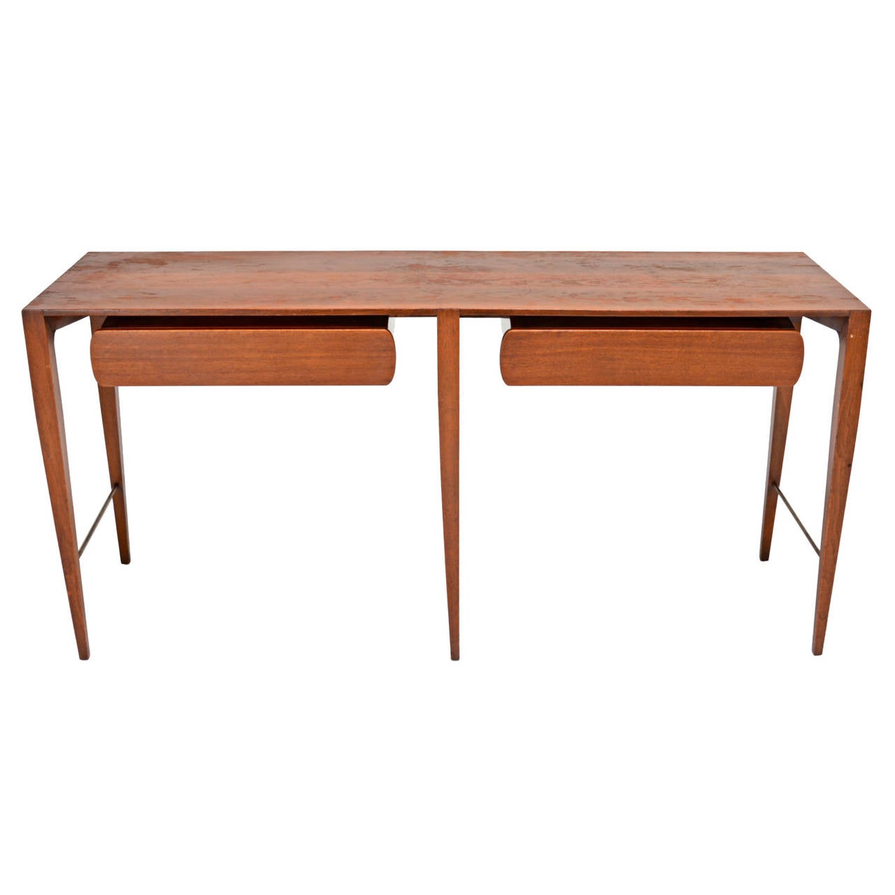 Elegant walnut and brass two drawer console table.  Unmarked with certificate of authenticity from the Ponti Archives.