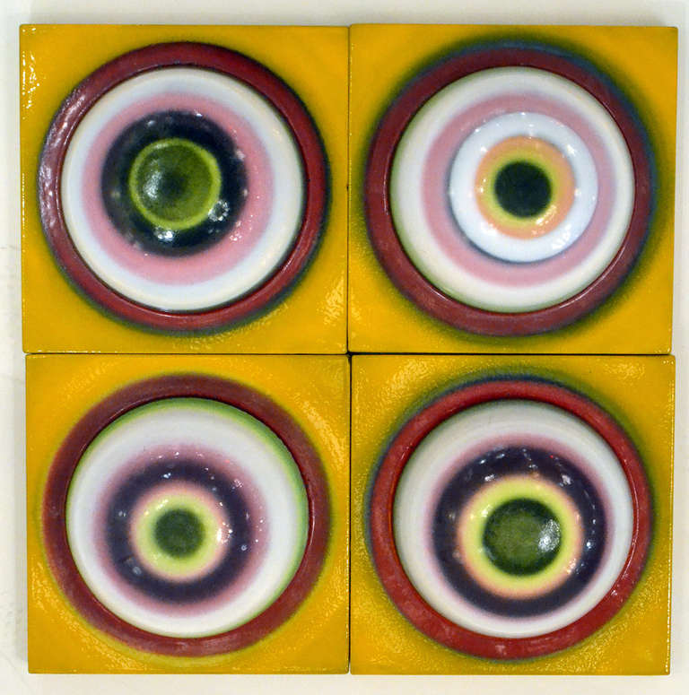 A very rare collection of enameled Pop Art panels by British artist, Stefan Knapp. The panels were  most likely fabricated and installed outside of Alexander's in the 1960's. Knapp was known for creating a technique for applying enamel paint to