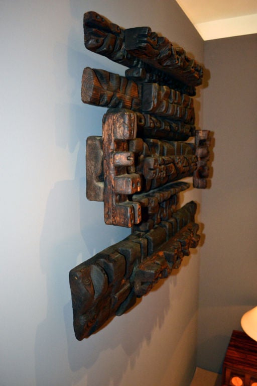 Brazilian Totemic Carved wood relief by Hugo Rodriguez