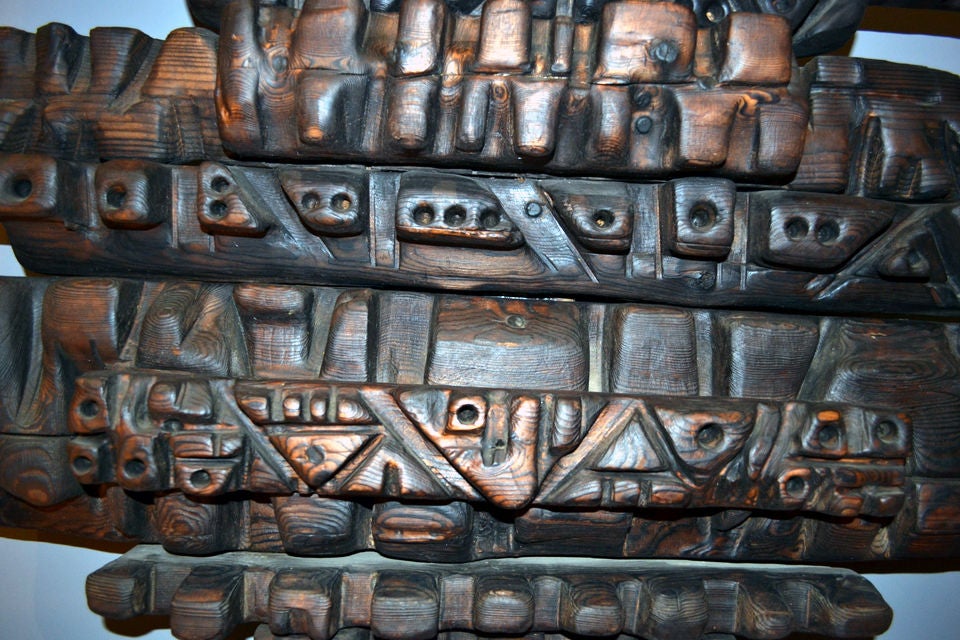 20th Century Totemic Carved wood relief by Hugo Rodriguez